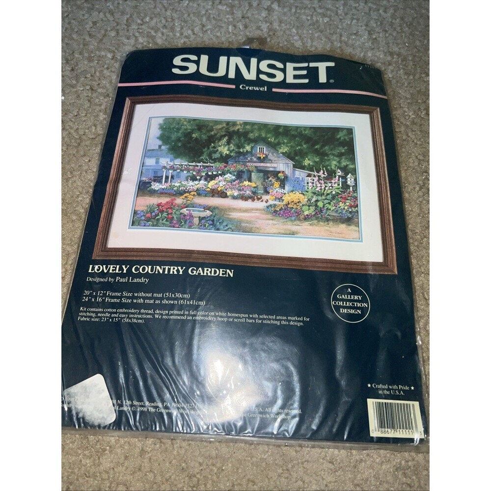Vintage Sunset Crewel kit "Lovely country garden" 1998 NOS unopened 20x12"